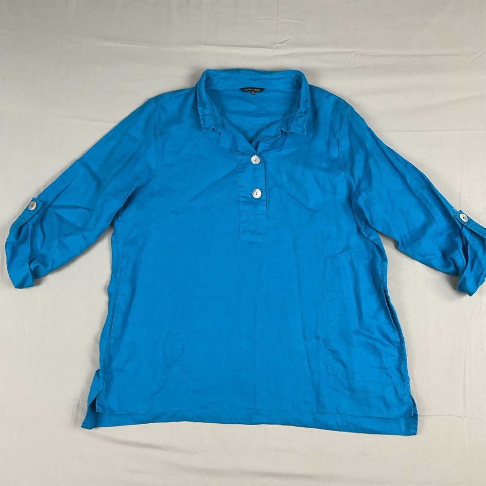 John Mark Women's Linen Tunic‎ Top Blue XL